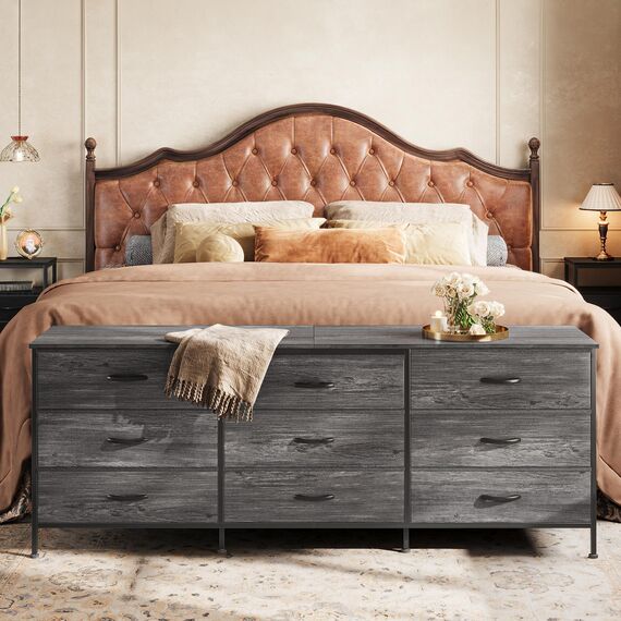 Huuger 63-Zoll-Kommode für Schlafzimmer, Kommode für Schrank mit 9 Schubladen, großer TV-Ständer für 55, 65, 70 Zoll Fernseher, Unterhaltungszentrum mit Stauraum, breite lange Kommode, Grau