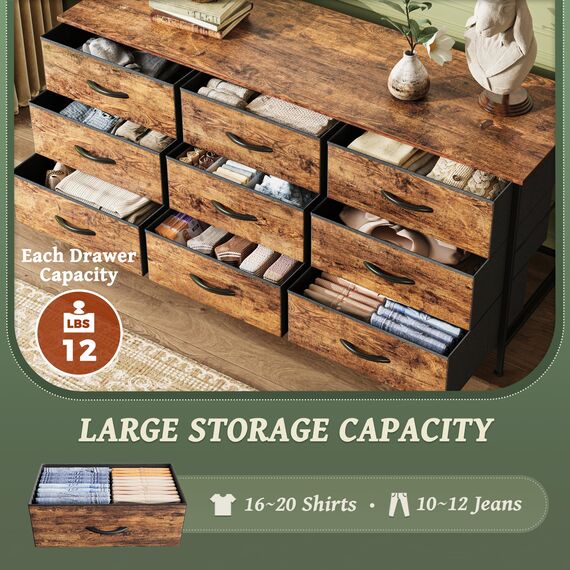 Huuger Kommode mit 9 Schubladen, 119,9 cm Kommode, TV-Ständer für 127,7 cm, 139,7 cm (50 Zoll), Unterhaltungszentrum mit Schubladen, für Schlafzimmer, Schrank, rustikales Braun