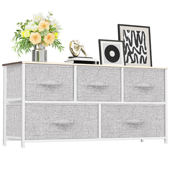 YITAHOME Kommode mit Schubladen, Schrank mit 5 Breiten Schubladen aus Stoff, Aufbewahrungskommode Industrial Stil für Schlafzimmer, Wohnzimmer, Kinderzimmer, Flur, Aufbewahrungsschrank (Hellgrau)
