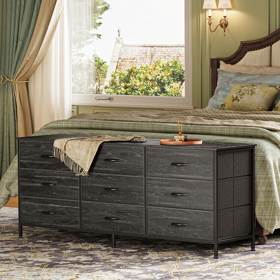 Huuger Lange Kommode für Schlafzimmer, 55-Zoll-TV-Ständer für 55-60-Zoll-Fernseher, Unterhaltungszentrum mit Schubladen, großer Stauraum, 9 Stoffschubladen, Kommode für Schrank, Holzkohleschwarz