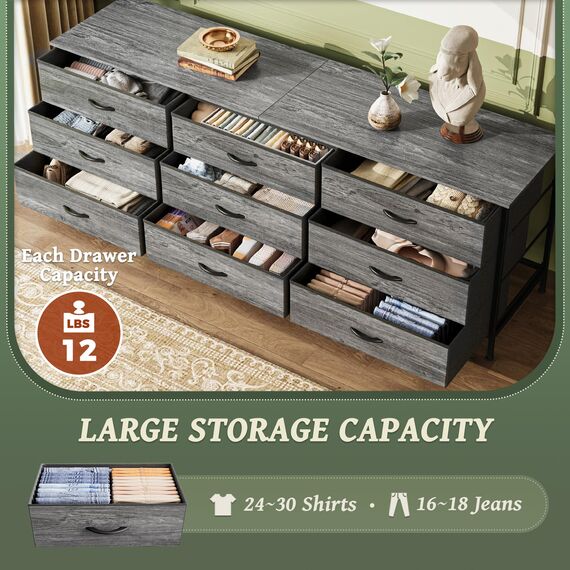Huuger 63-Zoll-Kommode für Schlafzimmer, Kommode für Schrank mit 9 Schubladen, großer TV-Ständer für 55, 65, 70 Zoll Fernseher, Unterhaltungszentrum mit Stauraum, breite lange Kommode, Grau