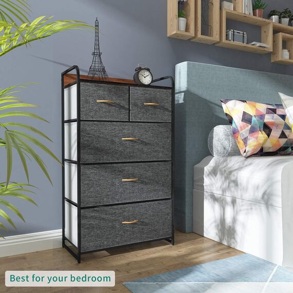 YITAHOME Kommode mit 5 Schubladen, Schrank mit Schubladen aus Stoff, Aufbewahrungskommode Industrial Stil für Schlafzimmer, Wohnzimmer, Kinderzimmer, Aufbewahrungsschrank (Dunkelgrau)