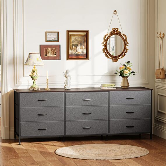 Huuger Kommode 160 cm für Schlafzimmer, Schrank Kommode mit 9 Schubladen, großer TV-Schrank für 55, 65, 70 Zoll, Entertainment-Center mit Aufbewahrung, breite Kommode lang, Walnuss