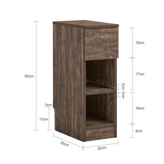 SoBuy Nachttisch schmal Nachtschrank Beistelltisch mit Schublade und 2 Ablage Nachtkästchen Nightstand für Schlafzimmer Wohnzimmer Braun B20 x T35 x H60 cm FBT111-SN