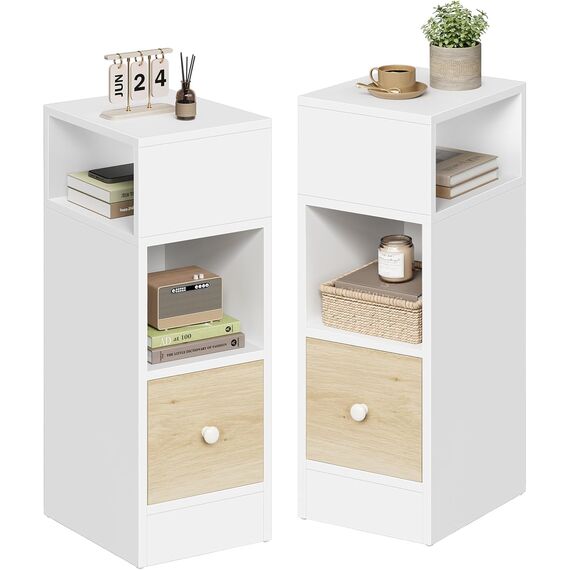 EUGAD Nachttische 2er Set, schmal, Beistelltisch mit 2 offenen Ablagen und 1 Schublade, 25x66x30 cm, Nachtschrank im Schlafzimmer, Nachtkästchen aus Holzwerkstoff, Weiß Eiche, 0011CTG-2