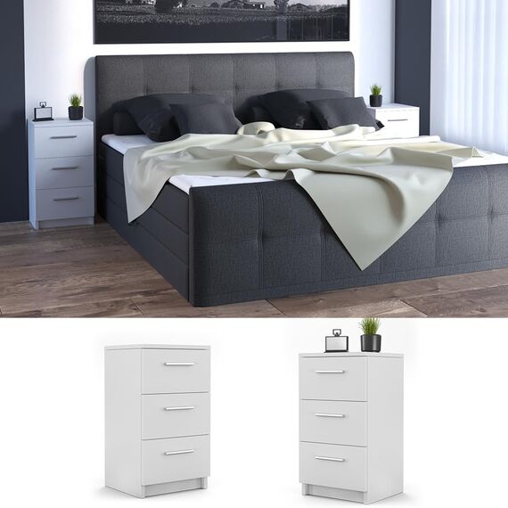 Vicco Nachttisch, Weiß, 2er Set, geeignet für Boxspringbetten mit erhöhtem Rahmen