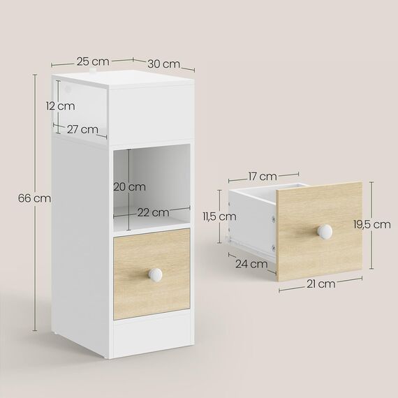 EUGAD Nachttische 2er Set, schmal, Beistelltisch mit 2 offenen Ablagen und 1 Schublade, 25x66x30 cm, Nachtschrank im Schlafzimmer, Nachtkästchen aus Holzwerkstoff, Weiß Eiche, 0011CTG-2