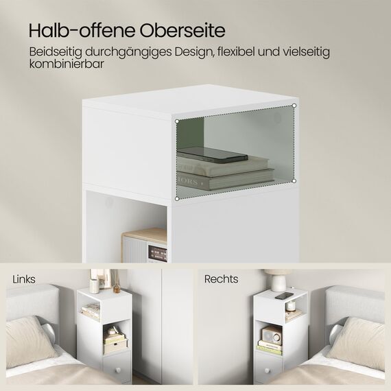 EUGAD Nachttisch schmal weiß, Beistelltisch mit 2 offenen Ablagen und 1 Schublade, 25x66x30 cm, Nachtschrank im Schlafzimmer, Nachtkästchen aus Holzwerkstoff, 0179ZZ