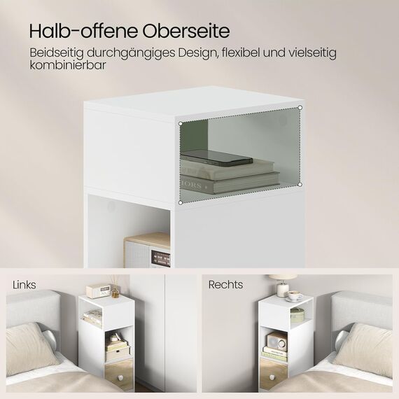EUGAD Nachttische 2er Set, schmal, Beistelltisch mit 2 offenen Ablagen und 1 Schublade, 25x66x30 cm, Nachtschrank im Schlafzimmer, Nachtkästchen aus Holzwerkstoff, Weiß Eiche, 0011CTG-2