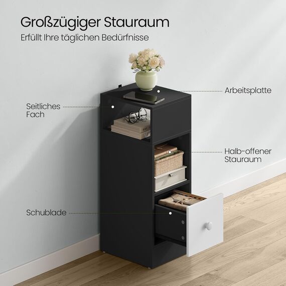 EUGAD Nachttisch schmal, Beistelltisch mit 2 offenen Ablagen und 1 Schublade, 25x66x30 cm, Nachtschrank im Schlafzimmer, Nachtkästchen aus Holzwerkstoff, dunkelgrau, 0010CTG