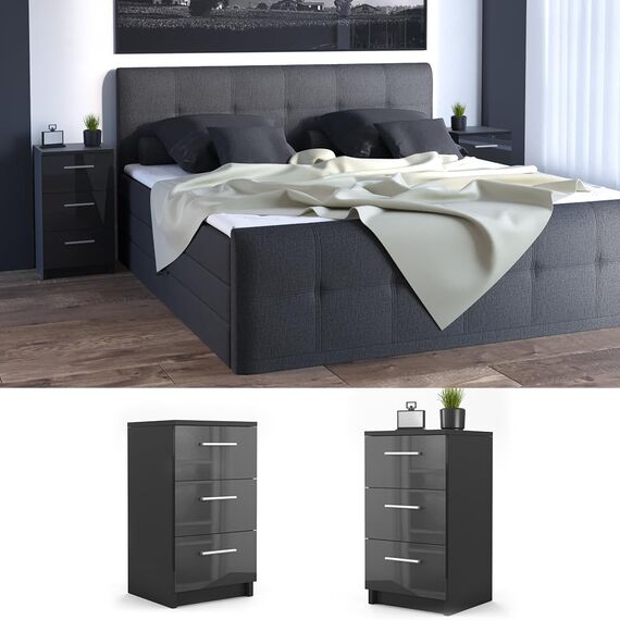 Vicco Nachttisch, Schwarz Hochglanz, 38 x 66 cm, geeignet für Boxspringbetten mit erhöhtem Rahmen