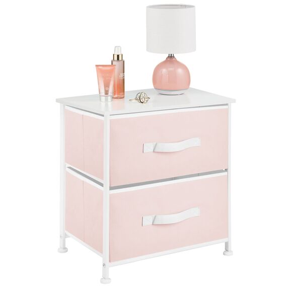 mDesign Nachttisch mit 2 Schubladen – Schrank Organizer aus Stoff, Metall und MDF – dekoratives Aufbewahrungssystem für Schlaf- oder Wohnzimmer – rosa/weiß