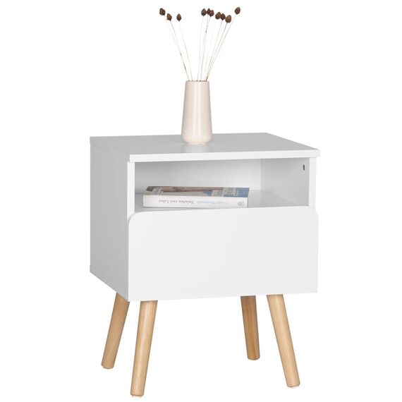 WOLTU® Nachttisch Nachtkommode Nachtschrank Beistelltisch Sofatisch, mit Schublade und Offenem Fach, mit Beinen, Holz, Weiß, 40x33,5x50cm(BxTxH), TSR58ws