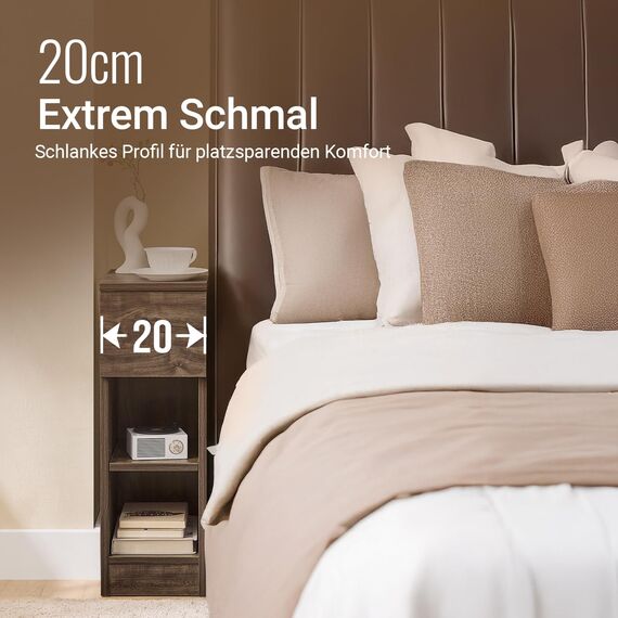 SoBuy Nachttisch schmal Nachtschrank Beistelltisch mit Schublade und 2 Ablage Nachtkästchen Nightstand für Schlafzimmer Wohnzimmer Braun B20 x T35 x H60 cm FBT111-SN