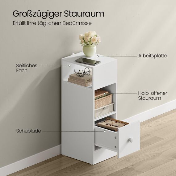 EUGAD Nachttisch schmal weiß, Beistelltisch mit 2 offenen Ablagen und 1 Schublade, 25x66x30 cm, Nachtschrank im Schlafzimmer, Nachtkästchen aus Holzwerkstoff, 0179ZZ