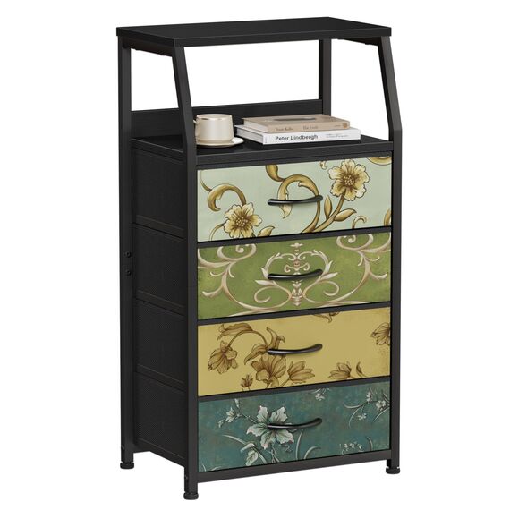 Furnulem Retro-Kommode für Schlafzimmer, kleine Kommode für Schrank, Vintage-Nachttisch mit 4 Schubladen, Stoffaufbewahrung, Organizer, Nachttisch, Beistellmöbel, Metallrahmen, Holzplatte
