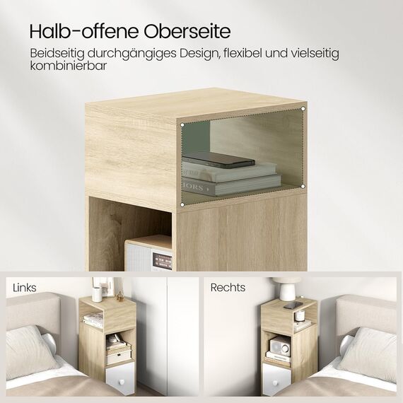 EUGAD Nachttisch schmal, Beistelltisch mit 2 offenen Ablagen und 1 Schublade, 25x66x30 cm, Nachtschrank im Schlafzimmer, Nachtkästchen aus Holzwerkstoff, Hell Eiche, 0192ZZ
