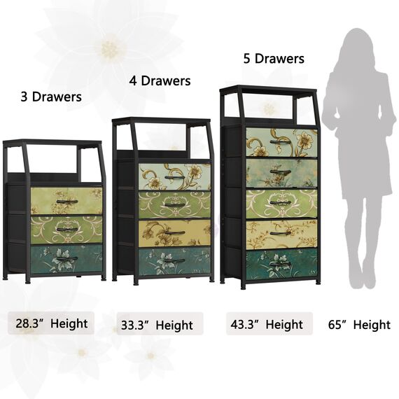 Furnulem Retro-Kommode für Schlafzimmer, kleine Kommode für Schrank, Vintage-Nachttisch mit 4 Schubladen, Stoffaufbewahrung, Organizer, Nachttisch, Beistellmöbel, Metallrahmen, Holzplatte