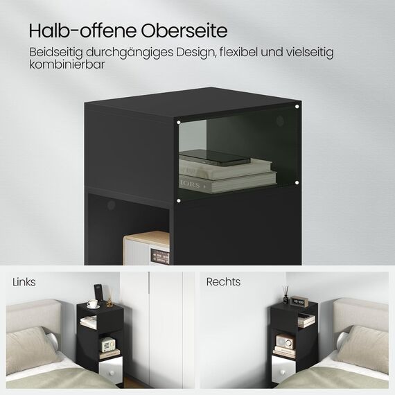EUGAD Nachttisch schmal, Beistelltisch mit 2 offenen Ablagen und 1 Schublade, 25x66x30 cm, Nachtschrank im Schlafzimmer, Nachtkästchen aus Holzwerkstoff, dunkelgrau, 0010CTG