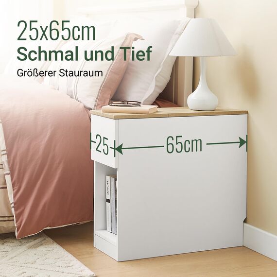 SoBuy Schmaler Beistelltisch - Nachttisch mit Stauraumregal und Schubladen, Platzsparender Nachttisch für kleine Räume, W25 x D65 x H60 cm, Weiß und Natur - FBT162-WN