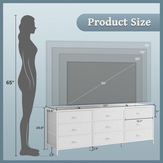 Huuger 63-Zoll-Kommode für Schlafzimmer, Kommode für Schrank mit 9 Schubladen, großer TV-Ständer für 55, 65, 70 Zoll Fernseher, Unterhaltungszentrum mit Stauraum, breite lange Kommode, Weiß
