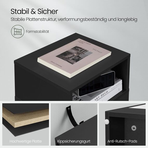 EUGAD Nachttisch schmal, Beistelltisch mit 2 offenen Ablagen und 1 Schublade, 25x66x30 cm, Nachtschrank im Schlafzimmer, Nachtkästchen aus Holzwerkstoff, dunkelgrau, 0010CTG