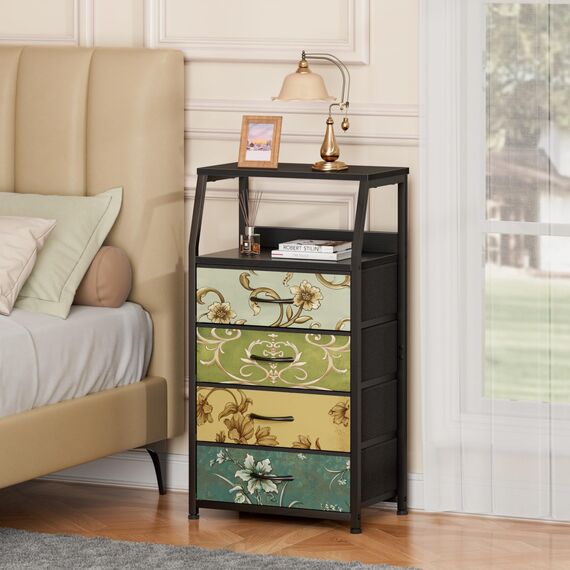 Furnulem Retro-Kommode für Schlafzimmer, kleine Kommode für Schrank, Vintage-Nachttisch mit 4 Schubladen, Stoffaufbewahrung, Organizer, Nachttisch, Beistellmöbel, Metallrahmen, Holzplatte
