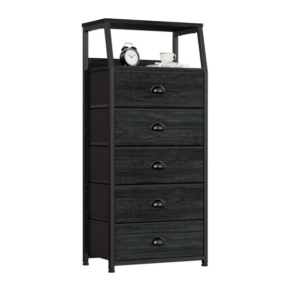 Furnulem Schwarze Kommode mit 5 Schubladen, vertikaler Aufbewahrungsturm Stoffkommode für Schlafzimmer, Flur, Eingangsbereich, Kinderzimmer, Schrank-Organizer, stabiler Stahlrahmen, Holzplatte