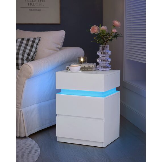 VASAGLE Nachttisch mit LED-Beleuchtung, Beistelltisch, einstellbare Farben, Sofatisch 3 Schubladen, Nachtschrank Schlafzimmer, modern, 35 x 40 x 55 cm, weiß LET630T10