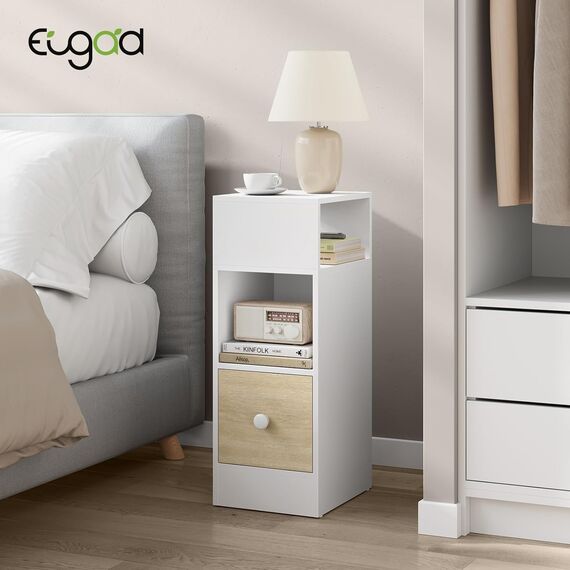 EUGAD Nachttisch schmal, Beistelltisch mit 2 offenen Ablagen und 1 Schublade, 25x66x30 cm, Nachtschrank im Schlafzimmer, Nachtkästchen aus Holzwerkstoff, Weiß Eiche, 0011CTG