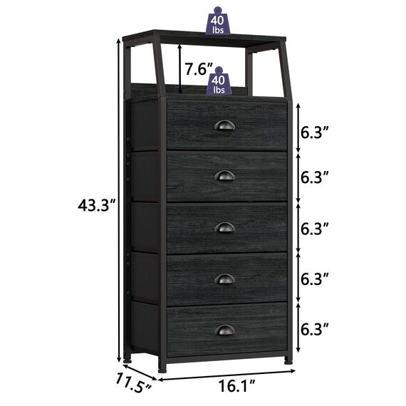 Furnulem Schwarze Kommode mit 5 Schubladen, vertikaler Aufbewahrungsturm Stoffkommode für Schlafzimmer, Flur, Eingangsbereich, Kinderzimmer, Schrank-Organizer, stabiler Stahlrahmen, Holzplatte