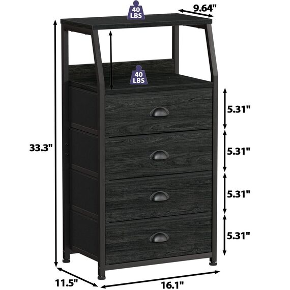 Furnulem Hohe Kommode mit 4 Schubladen, vertikaler Aufbewahrungsturm, schwarze Kommode für Schlafzimmer, Flur, Eingangsbereich, Kinderzimmer, Schrank-Organizer, stabiler Stahlrahmen, Holzplatte