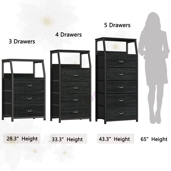 Furnulem Hohe Kommode mit 4 Schubladen, vertikaler Aufbewahrungsturm, schwarze Kommode für Schlafzimmer, Flur, Eingangsbereich, Kinderzimmer, Schrank-Organizer, stabiler Stahlrahmen, Holzplatte