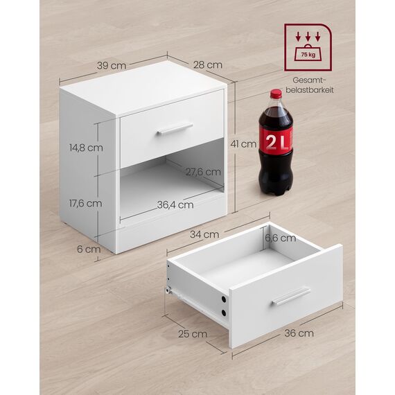 VASAGLE Nachttisch, 2er Set, Beistelltisch, mit Schublade, Griff, offenes Fach, Couchtisch, für Schlafzimmer, Wohnzimmer, klassikweiß LET819T14