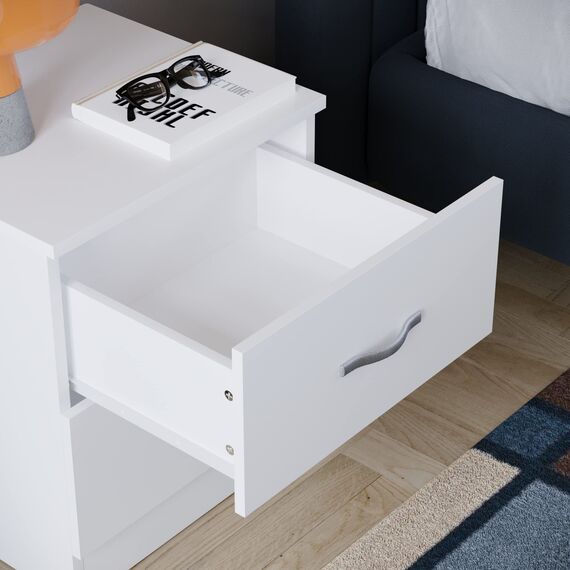 Vida Designs Nachttisch, weiß, 2 Schubladen mit Metallgriffen und -schienen, einzigartige Schubladenunterstützung gegen Verbiegen, Schlafzimmer-Möbel Riano, 47 x 40 x 36 cm