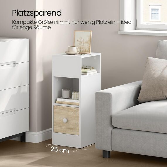 EUGAD Nachttisch schmal, Beistelltisch mit 2 offenen Ablagen und 1 Schublade, 25x66x30 cm, Nachtschrank im Schlafzimmer, Nachtkästchen aus Holzwerkstoff, Weiß Eiche, 0011CTG