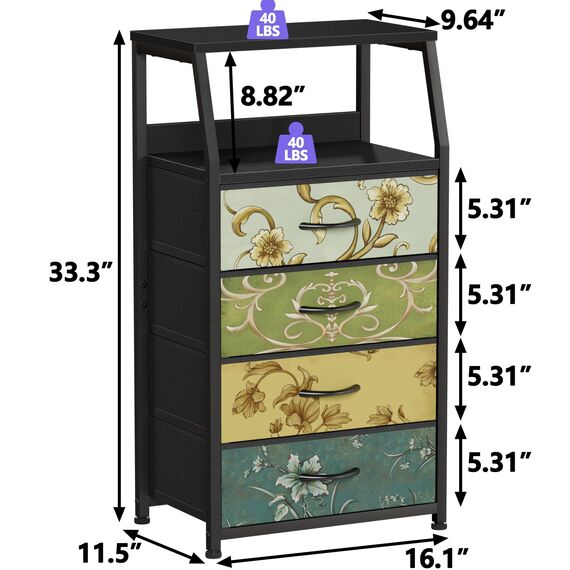 Furnulem Retro-Kommode für Schlafzimmer, kleine Kommode für Schrank, Vintage-Nachttisch mit 4 Schubladen, Stoffaufbewahrung, Organizer, Nachttisch, Beistellmöbel, Metallrahmen, Holzplatte
