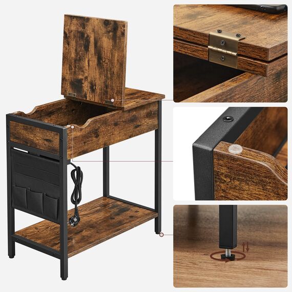 VASAGLE Beistelltisch mit Mehrfachsteckdose, 2er-Set, schmaler Seitentisch mit USB-Anschlüssen, Säckchen, Nachttisch, für Wohnzimmer, Schlafzimmer, rustikales Braun und Schwarz LCT647B01