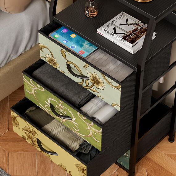Furnulem Retro-Kommode für Schlafzimmer, kleine Kommode für Schrank, Vintage-Nachttisch mit 4 Schubladen, Stoffaufbewahrung, Organizer, Nachttisch, Beistellmöbel, Metallrahmen, Holzplatte