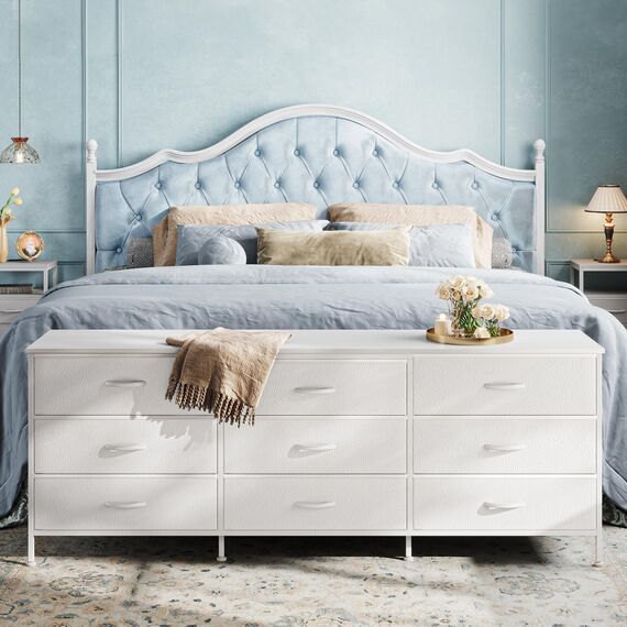 Huuger 63-Zoll-Kommode für Schlafzimmer, Kommode für Schrank mit 9 Schubladen, großer TV-Ständer für 55, 65, 70 Zoll Fernseher, Unterhaltungszentrum mit Stauraum, breite lange Kommode, Weiß