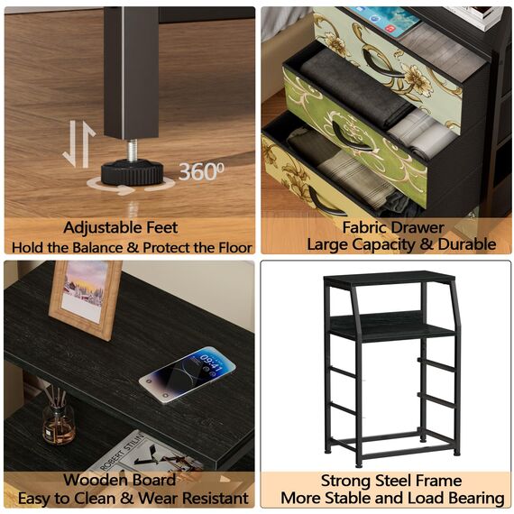 Furnulem Retro-Kommode für Schlafzimmer, kleine Kommode für Schrank, Vintage-Nachttisch mit 4 Schubladen, Stoffaufbewahrung, Organizer, Nachttisch, Beistellmöbel, Metallrahmen, Holzplatte
