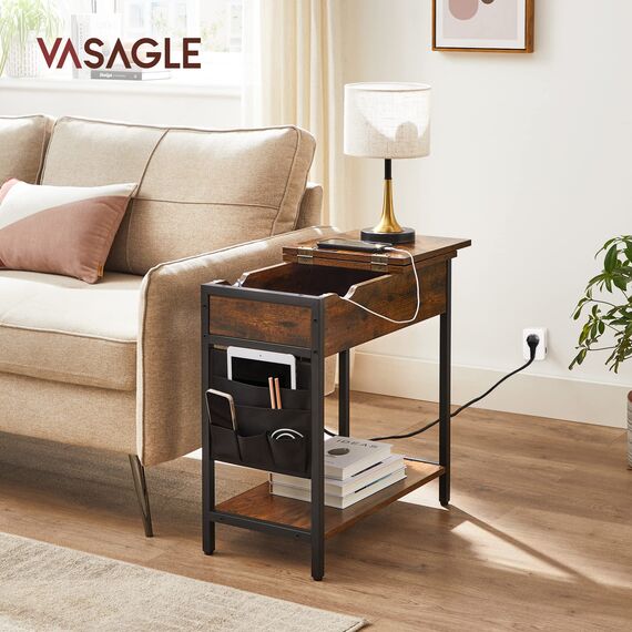 VASAGLE Beistelltisch mit Mehrfachsteckdose, 2er-Set, schmaler Seitentisch mit USB-Anschlüssen, Säckchen, Nachttisch, für Wohnzimmer, Schlafzimmer, rustikales Braun und Schwarz LCT647B01
