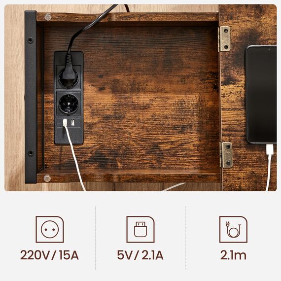 VASAGLE Beistelltisch mit Mehrfachsteckdose, 2er-Set, schmaler Seitentisch mit USB-Anschlüssen, Säckchen, Nachttisch, für Wohnzimmer, Schlafzimmer, rustikales Braun und Schwarz LCT647B01