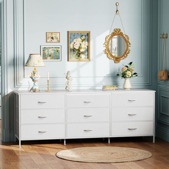 Huuger 63-Zoll-Kommode für Schlafzimmer, Kommode für Schrank mit 9 Schubladen, großer TV-Ständer für 55, 65, 70 Zoll Fernseher, Unterhaltungszentrum mit Stauraum, breite lange Kommode, Weiß
