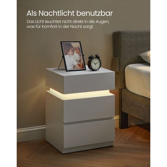 VASAGLE Nachttisch mit LED-Beleuchtung, Beistelltisch, einstellbare Farben, Sofatisch 3 Schubladen, Nachtschrank Schlafzimmer, modern, 35 x 40 x 55 cm, weiß LET630T10