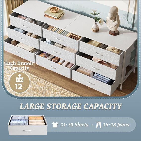 Huuger 63-Zoll-Kommode für Schlafzimmer, Kommode für Schrank mit 9 Schubladen, großer TV-Ständer für 55, 65, 70 Zoll Fernseher, Unterhaltungszentrum mit Stauraum, breite lange Kommode, Weiß