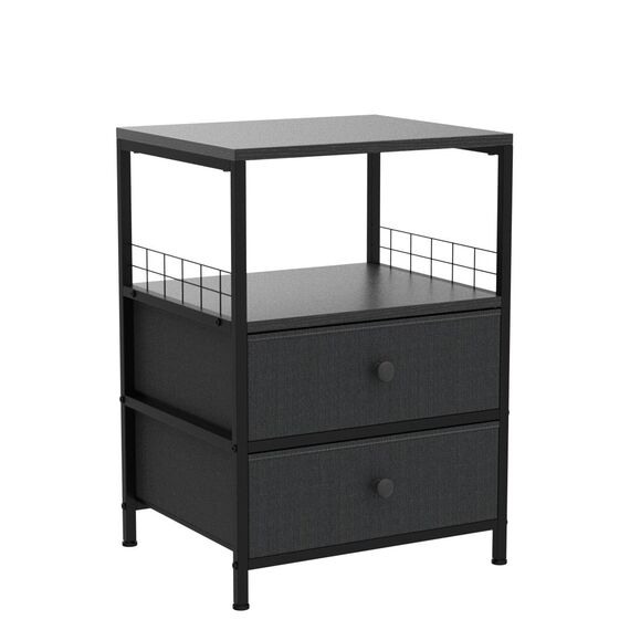 EnHomee Nachttisch 2er Set, Nachttisch mit Stoffschubladen und offenem Holzregal Aufbewahrung, Bett-Beistelltisch mit Metallrahmen, Schwarz/Grau, 15.7 in x 17.7 in x 24 in