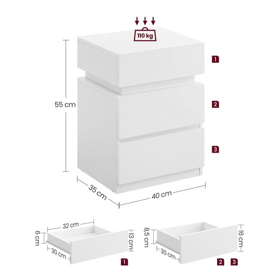 VASAGLE Nachttisch mit LED-Beleuchtung, 2er Set, Beistelltisch, einstellbare Farben, Sofatisch 3 Schubladen, Nachtschrank Schlafzimmer, modern, 35 x 40 x 55 cm, weiß LET799T10