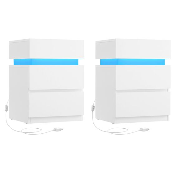 VASAGLE Nachttisch mit LED-Beleuchtung, 2er Set, Beistelltisch, einstellbare Farben, Sofatisch 3 Schubladen, Nachtschrank Schlafzimmer, modern, 35 x 40 x 55 cm, weiß LET799T10