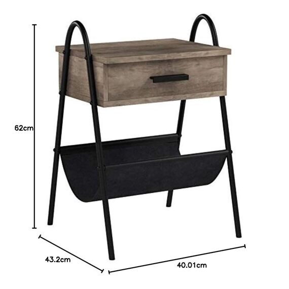 Nathan James Hugo 32502 Nachttisch aus Holz, rustikaler Akzent-Beistelltisch mit Schublade, robuster schwarzer Metallrahmen und Leder-Hängematte, Grau/Schwarz